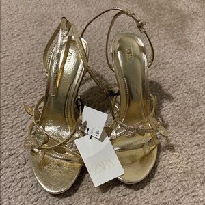 Zara Gold Leaf-Strap Satin Heel Sandals